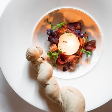Kreative Gourmet-Vorspeise im Boutique Hotel Salzburg mit kunstvoll angerichteten Zutaten und hausgemachtem Brot
