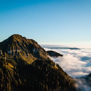 Gebirgskette mit Bäumen und darüber schwebenden Wolken, charakteristisch für die Landschaft im Salzburger Land.