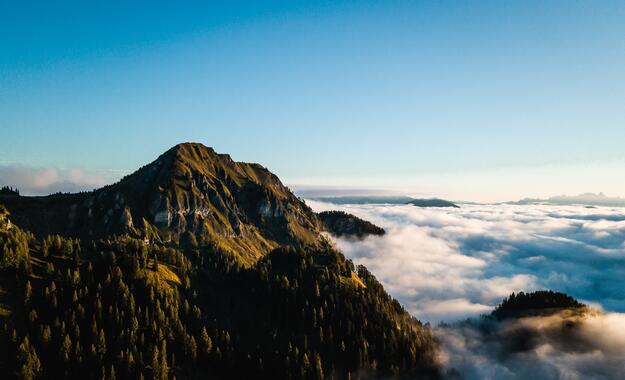 Gebirgskette mit Bäumen und darüber schwebenden Wolken, charakteristisch für die Landschaft im Salzburger Land.