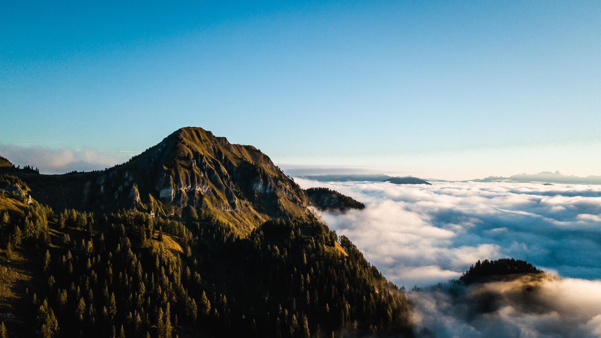 Gebirgskette mit Bäumen und darüber schwebenden Wolken, charakteristisch für die Landschaft im Salzburger Land.
