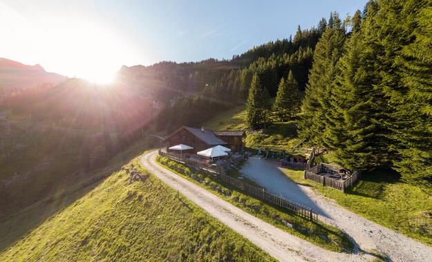 Idyllische Almhütte nahe dem Boutique Hotel Salzburg bei Sonnenaufgang, umgeben von malerischer Berglandschaft und grünen Wiesen