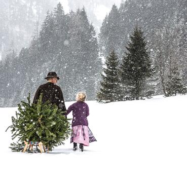 Mann und Kind tragen Tannenbaum durch Schnee, umgeben von winterlicher Landschaft im Sporthotel Salzburger Land | © SalzburgerLand Tourismus