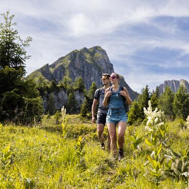 Zwei Personen wandern in den Bergen des Salzburger Landes, umgeben von schöner Natur und frischer Luft.