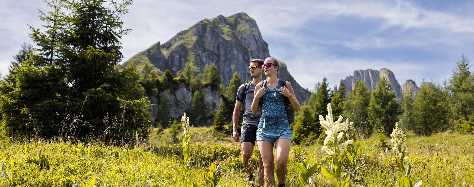 Zwei Personen wandern in den Bergen des Salzburger Landes, umgeben von schöner Natur und frischer Luft.