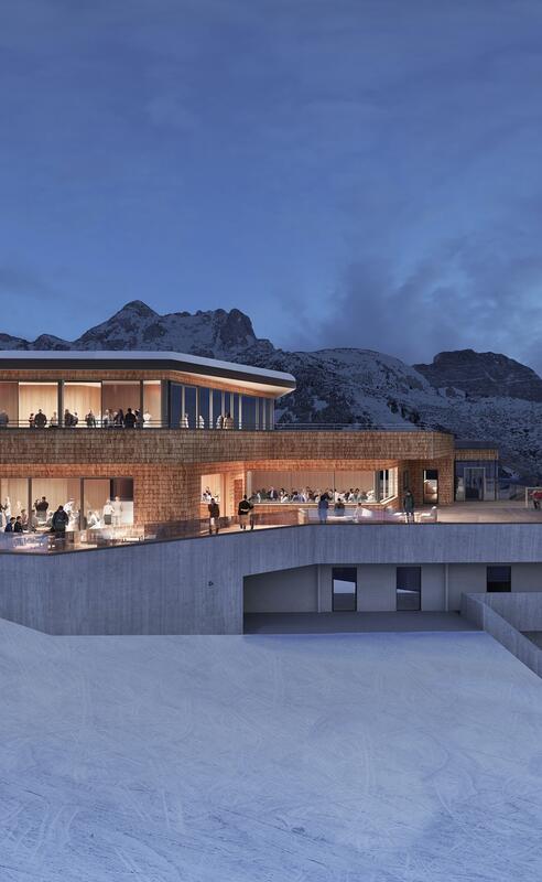 Moderne Berghütte im Skiurlaub im Salzburger Land, mit  Aussicht auf verschneite Berge und Pisten.